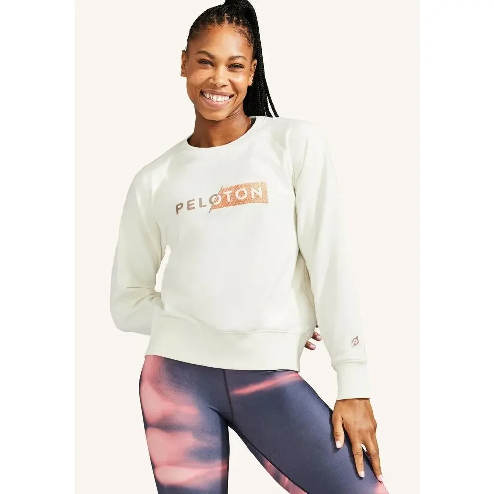 Peloton Cream Embroidered Crew Neck French Terry Pullover Sweatshirt Women Sz L - Picture 2 of 10